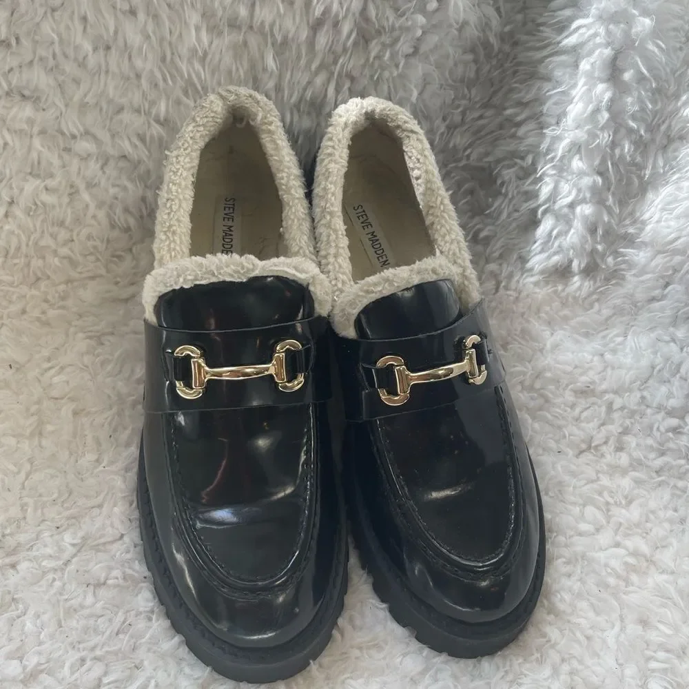 Steve Madden synthetic black Patent Chunky lug loafers bit buckle accent SZ11M